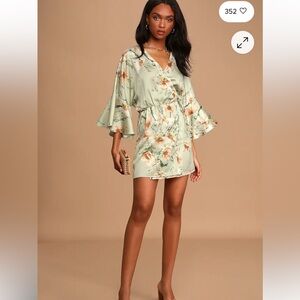 Sage Green Floral Print Satin Wrap Mini Dress